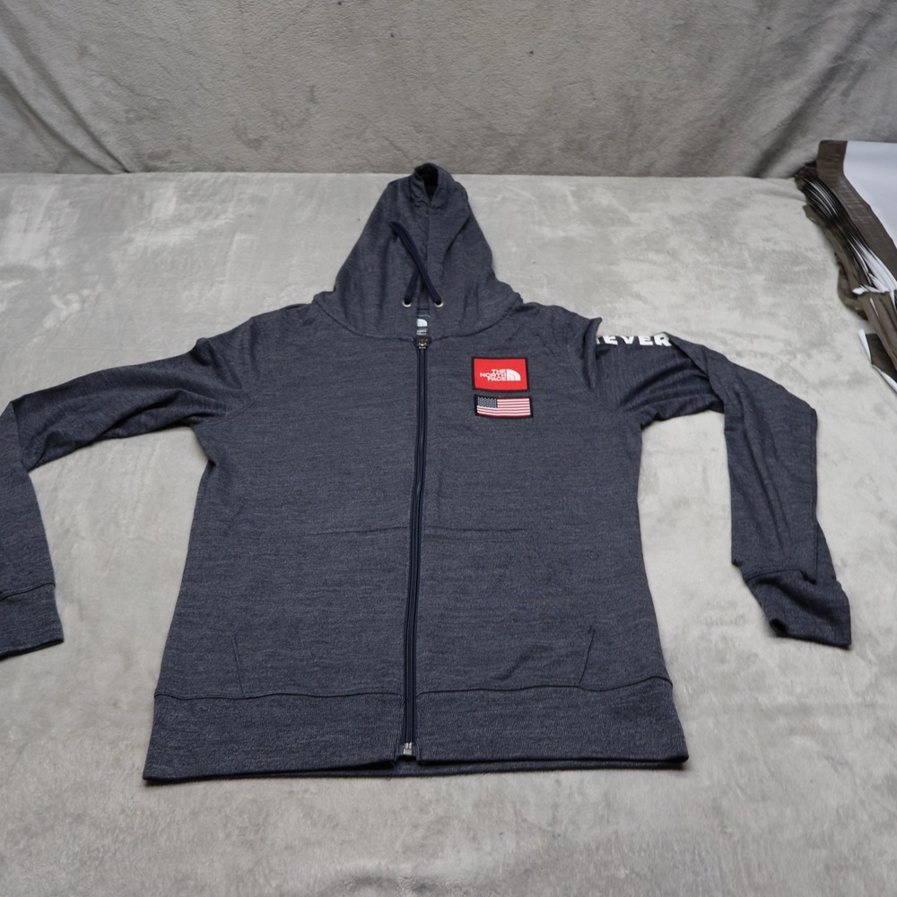 North Face Hoodie Women Medium Gray Standard Fit USA Patch Full Zip Sweatshirt